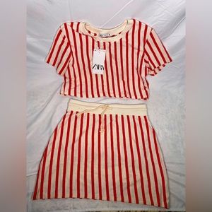 NWT SET Zara Women’s Vertical Striped Crop Top, Red/Off-White, Size Medium